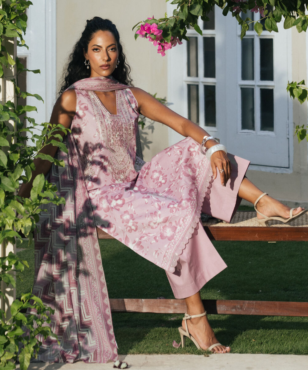 Women's Unstitched Lawn Embroidered Purple 3 Piece Suit