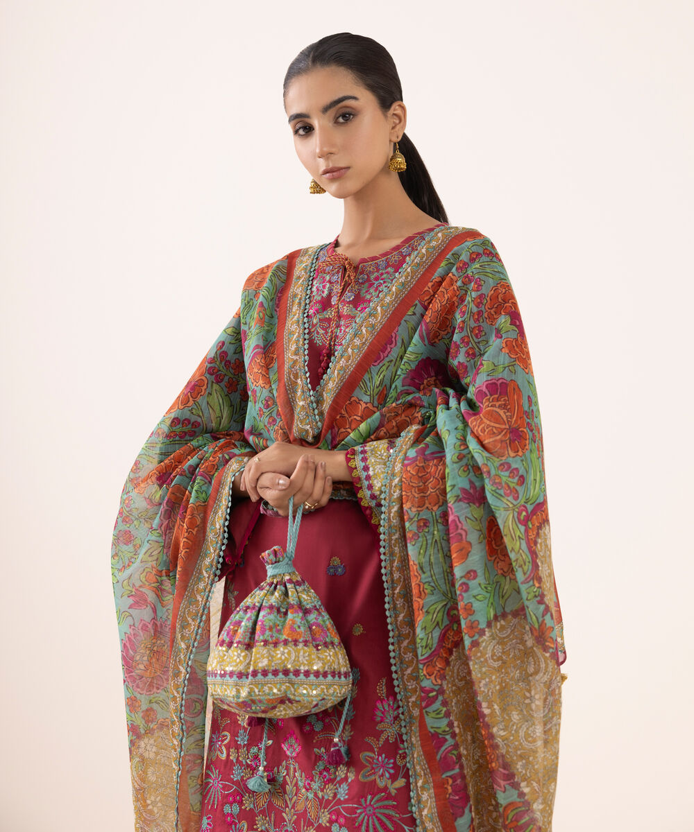 Women's Unstitched Light Cotton Satin Dyed Three Piece Suit