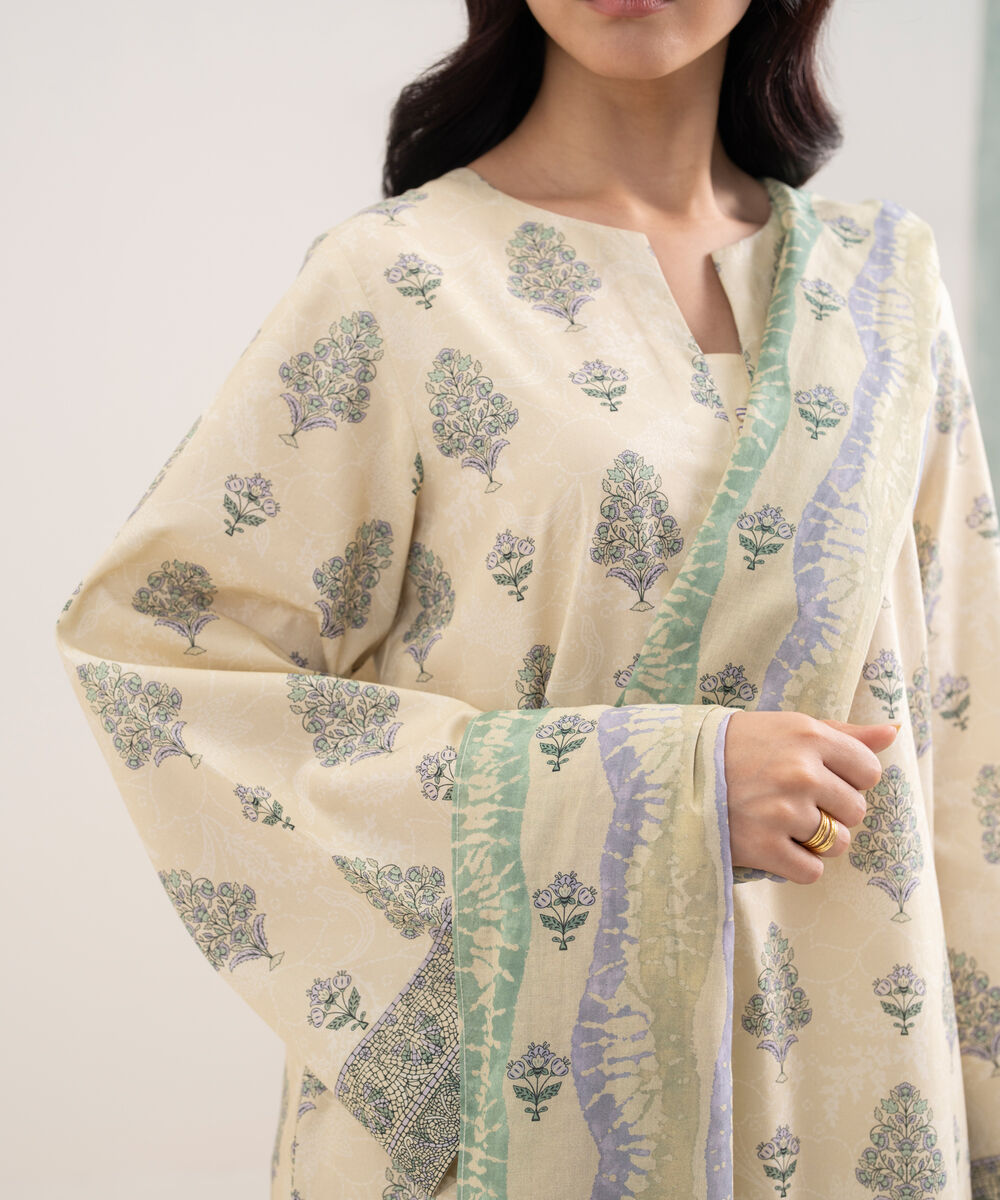 Women's Unstitched Lawn Printed Beige 3 Piece Suit