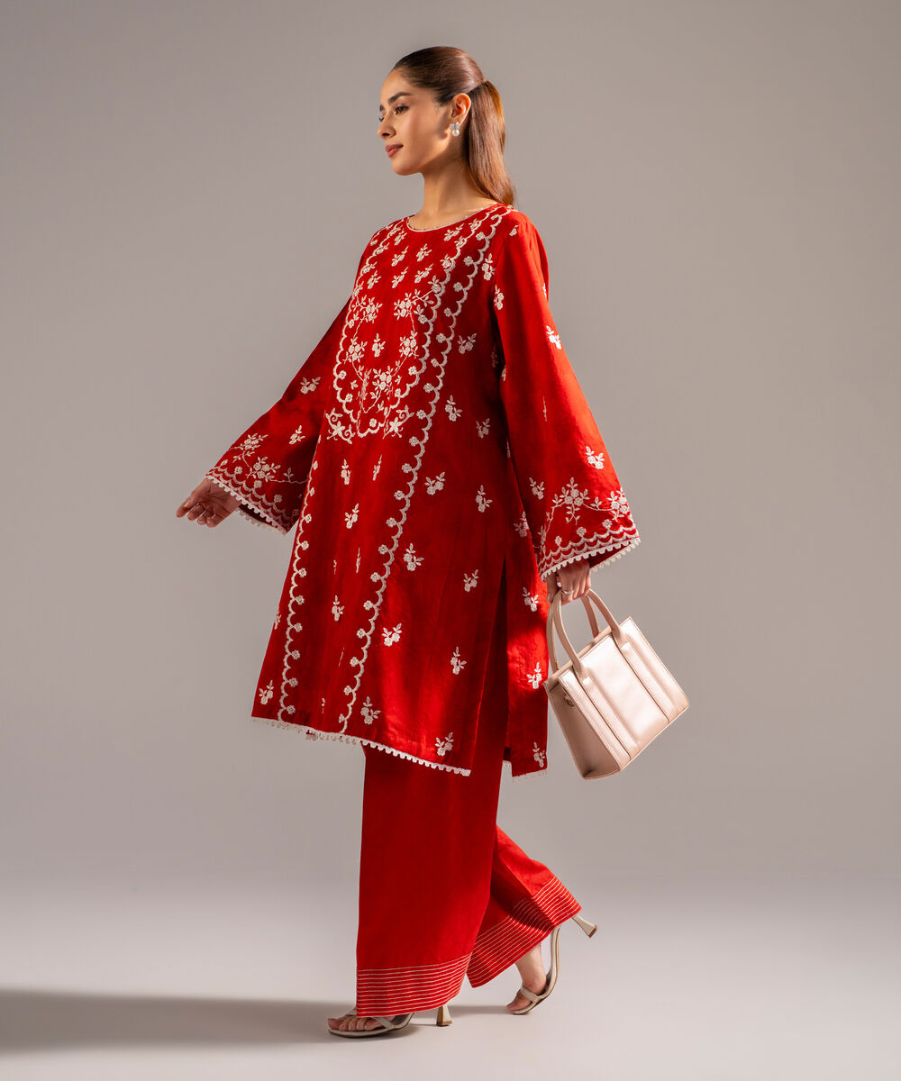 Women's RTW Self Jacquard Embroidered Rust 2 Piece Suit