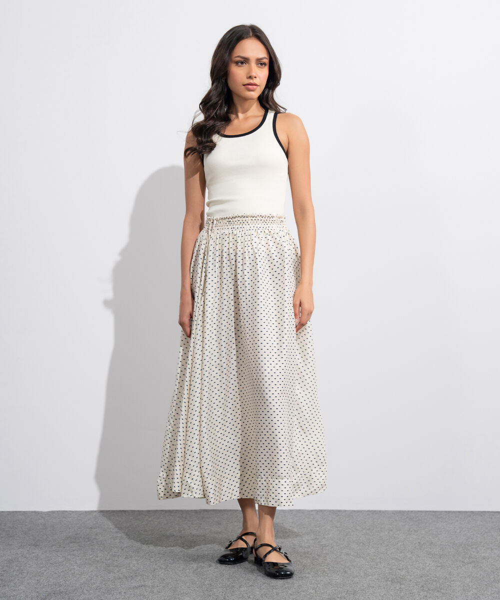 Women's Western White And  Black Polka Dots Smocked Skirt