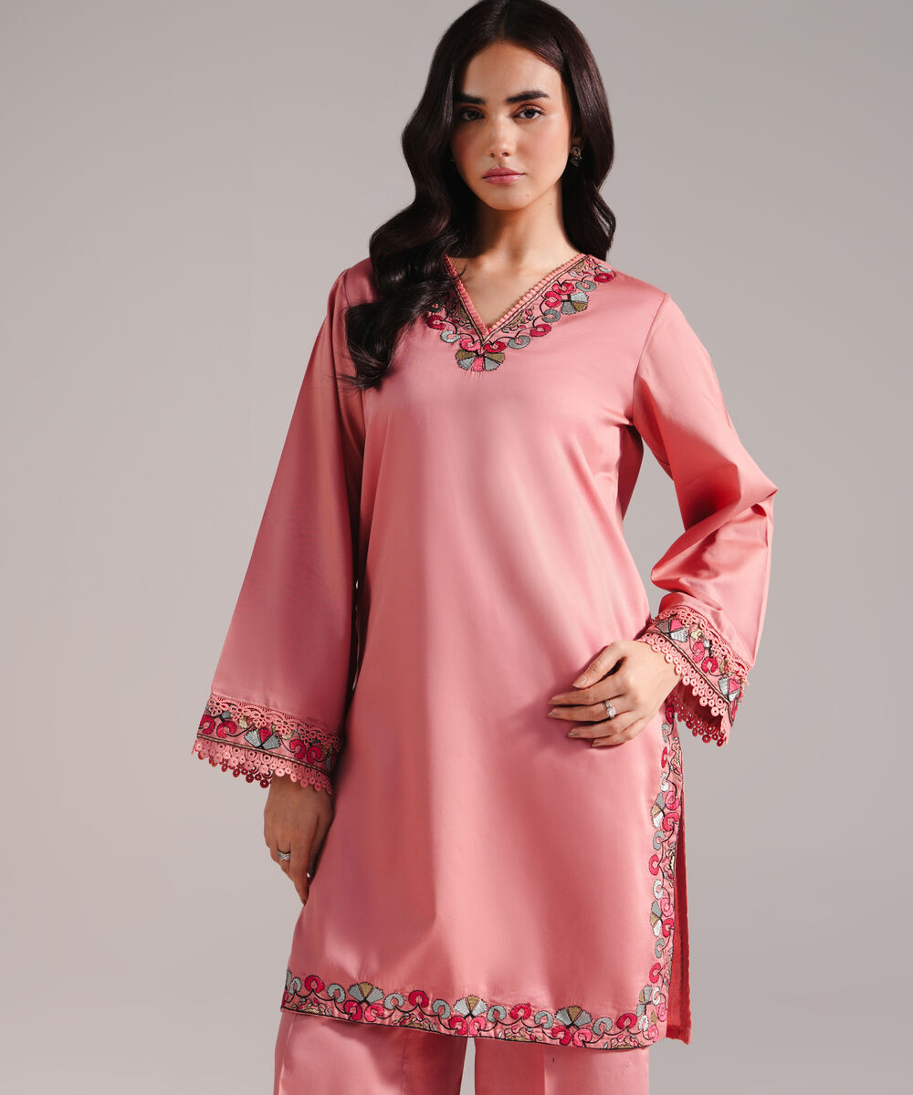Women's RTW Cotton Satin Embroidered Pink 2 Piece Suit