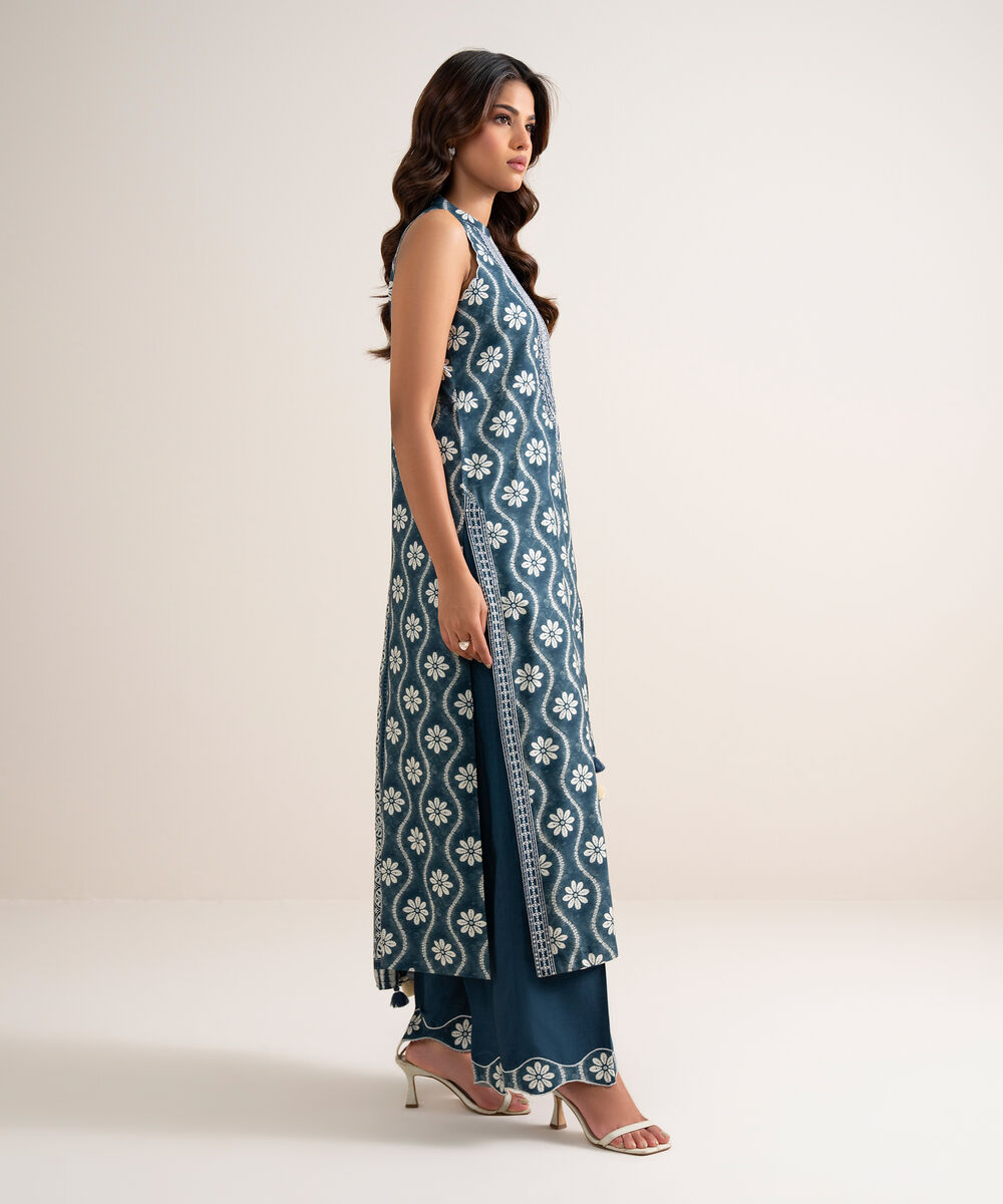 Women's Unstitched Embroidered Linen Blue 3 Piece Suit