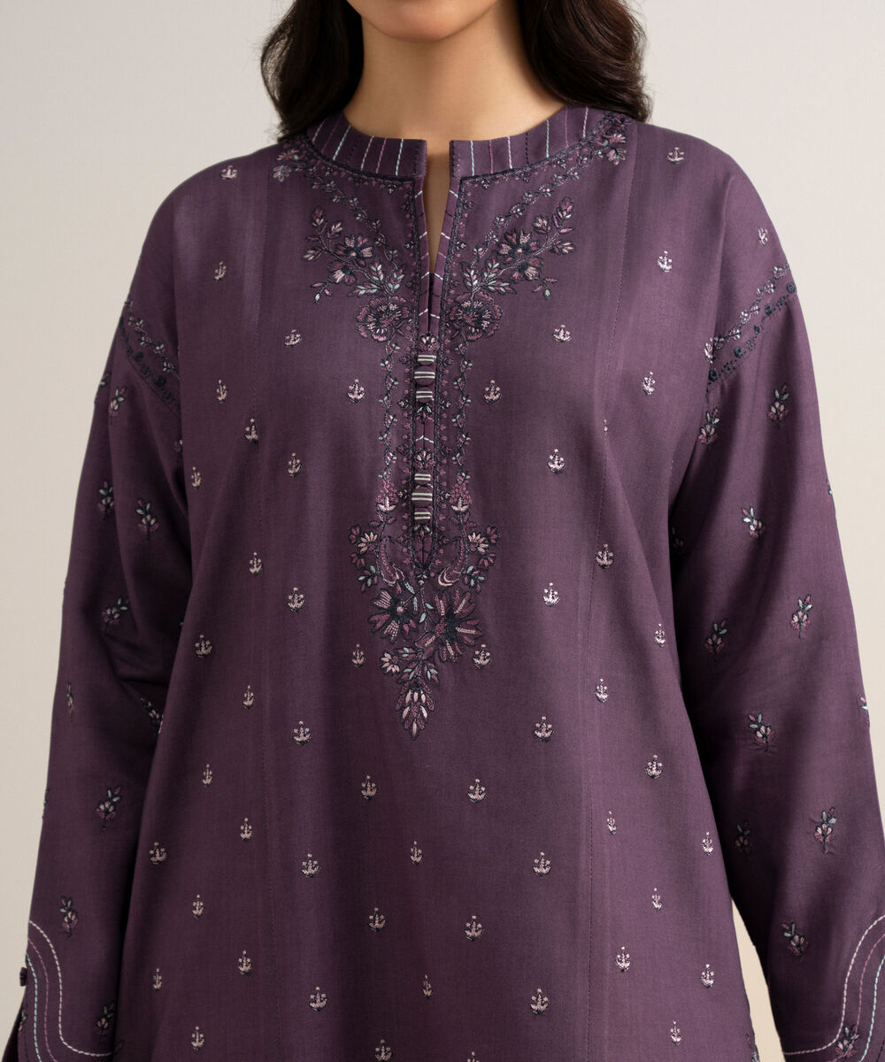 Women's Unstitched Embroidered Linen Purple 3 Piece Suit