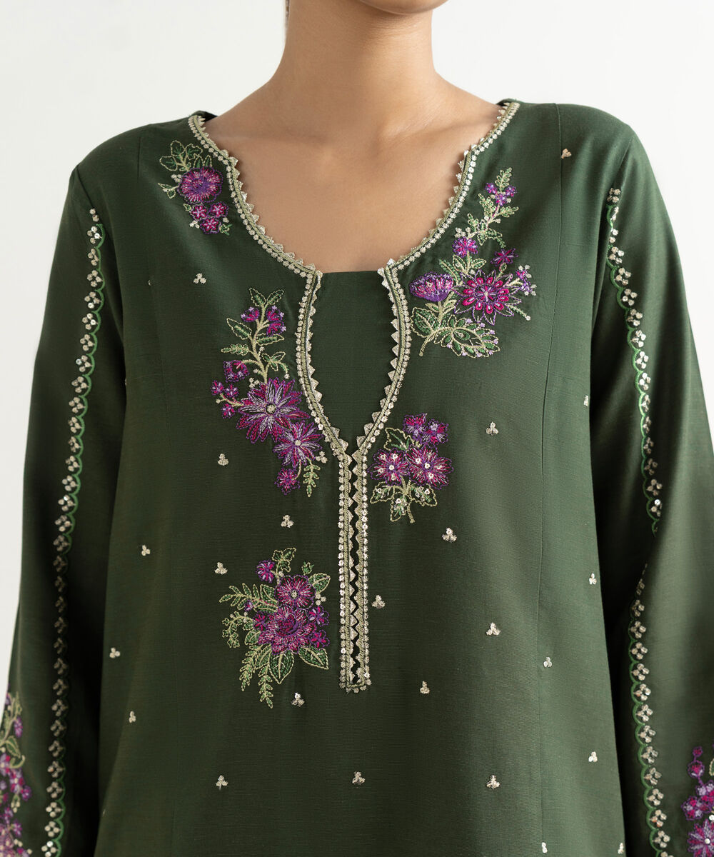 Women's RTW Cotton Viscose Green Embroidered A-Line Shirt