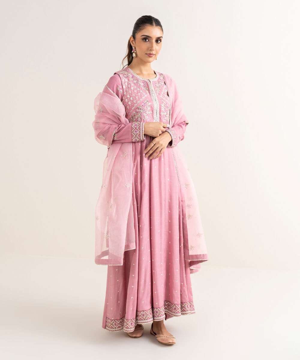 Women's RTW Viscose Raw Silk Pink Embroidered 2 Piece Suit