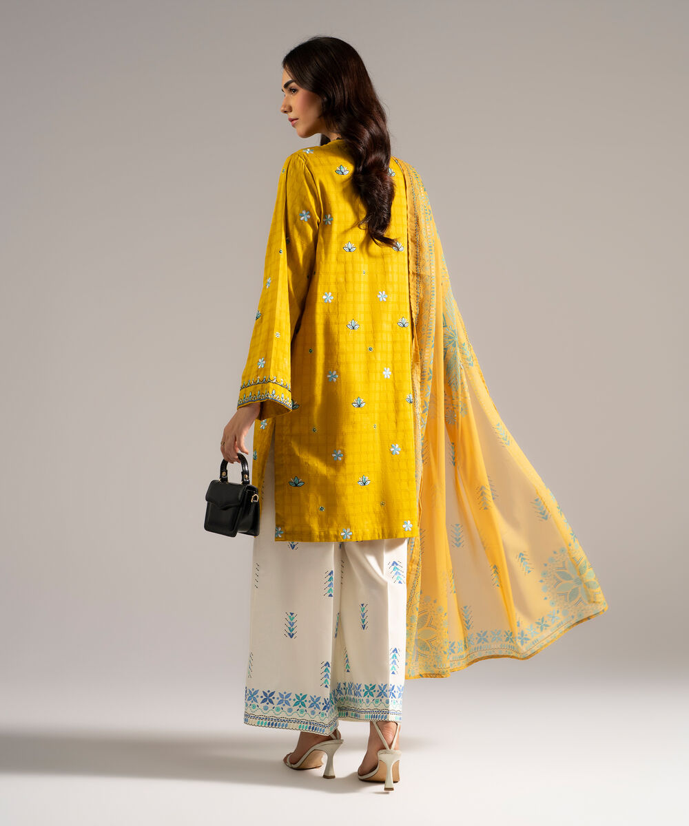 Women's RTW Dobby Embroidered Yellow 3 Piece Suit