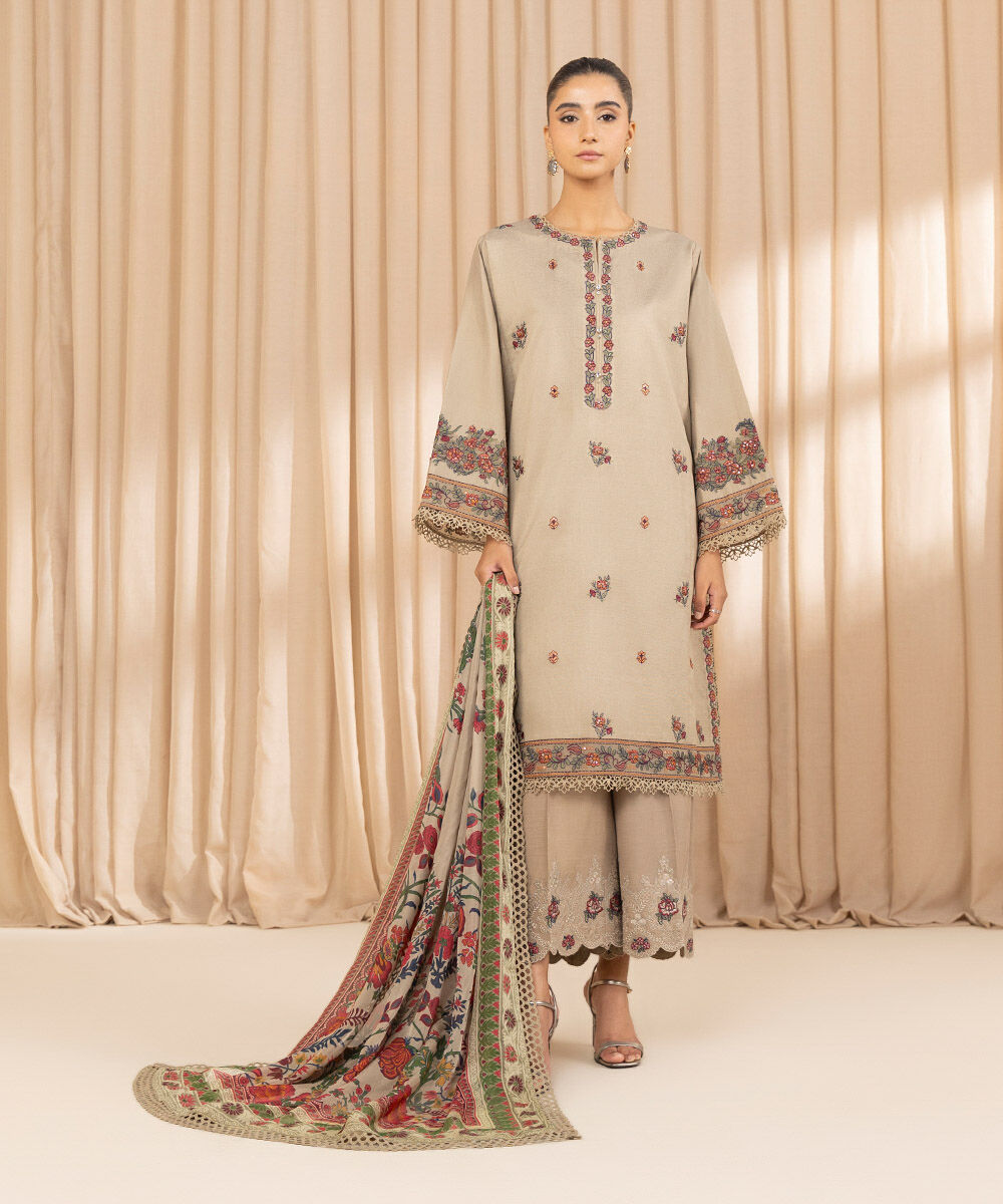 Women's Unstitched Embroidered Cotton Net Beige 3 Piece Suit