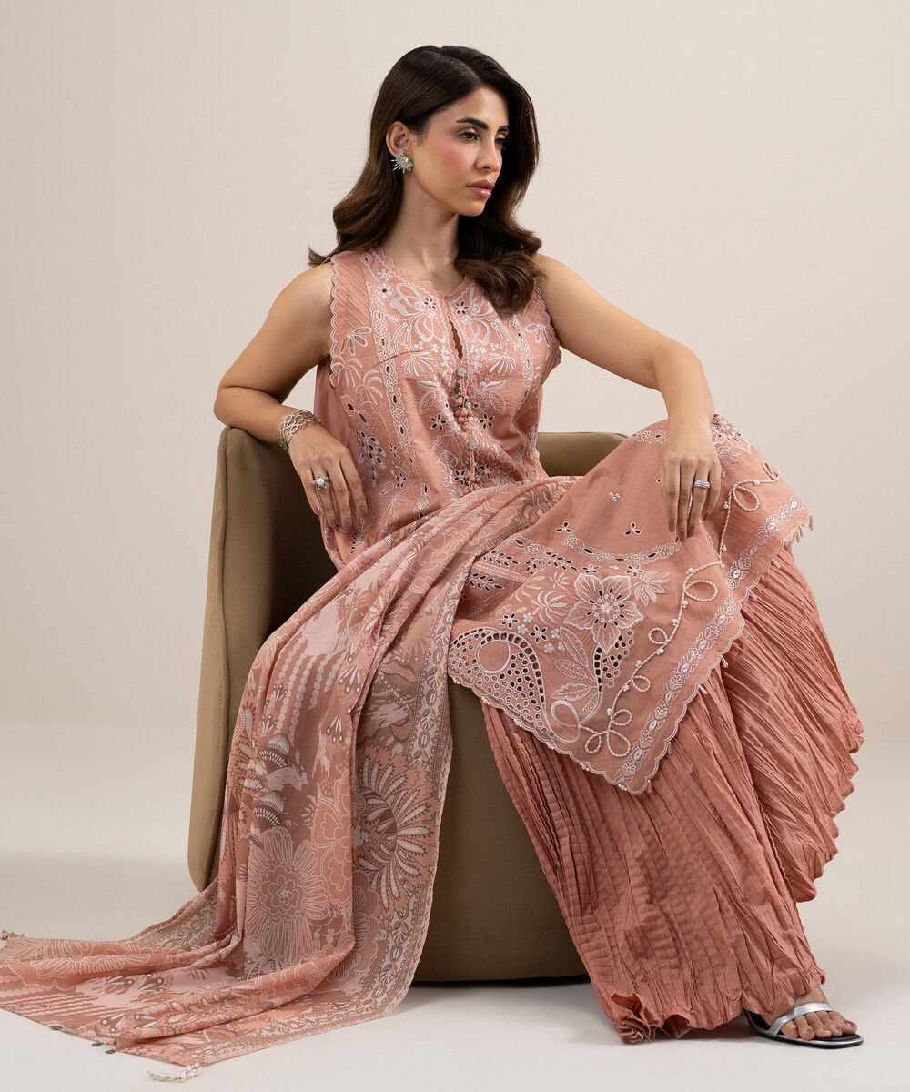 Women's Unstitched Textured Lawn Embroidered Pink 3 Piece Suit