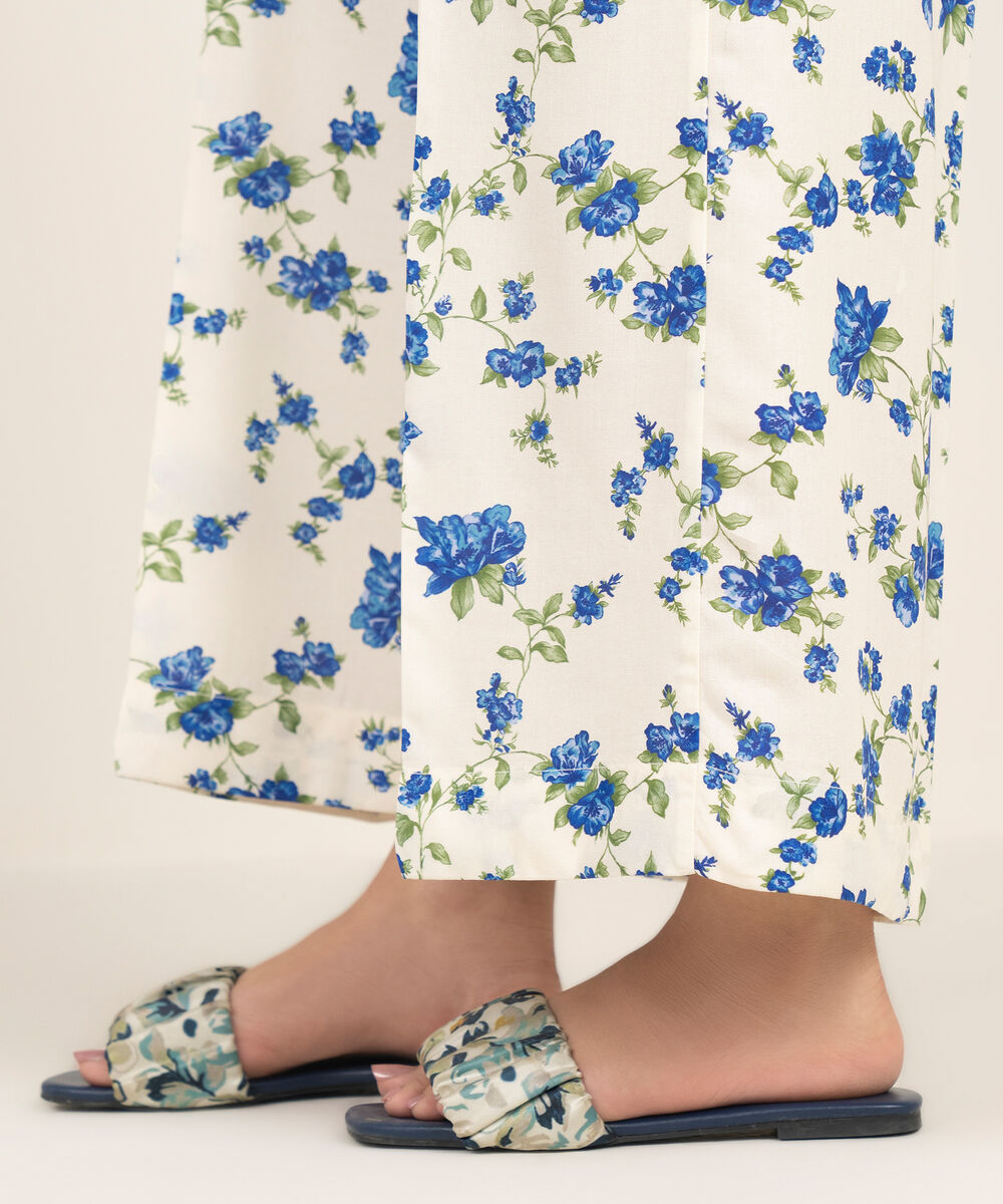 Women's RTW Arabic Cambric Printed Cream White Flared Pants