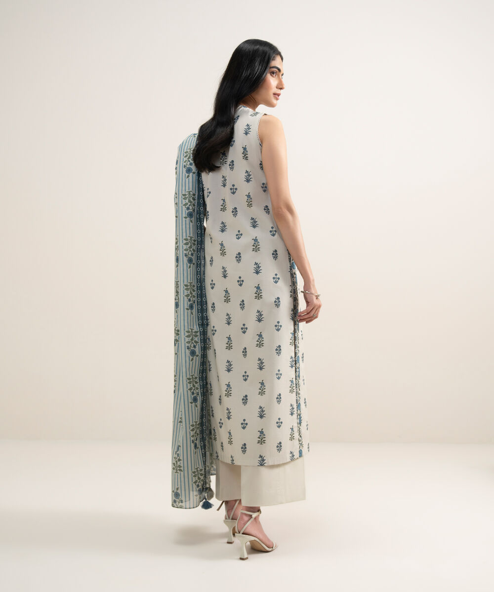 Women's Unstitched Lawn Embroidered Off White and Blue 3 Piece Suit