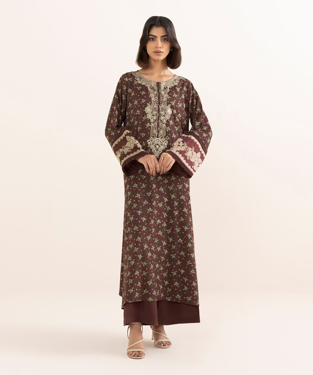 Women's RTW Arabic Lawn Red Embroidered A-Line Shirt