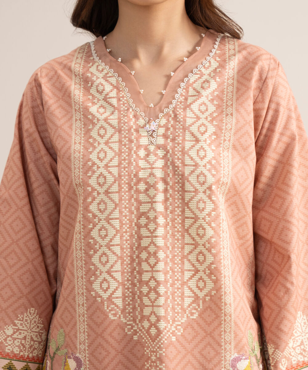 Women's Unstitched Zari Cotton Embroidered Peach 3 Piece Suit