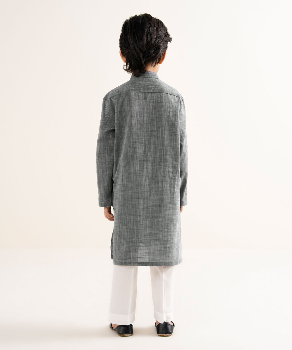 Men's Yarndyed Wash & Wear Embroidered Grey Kurta