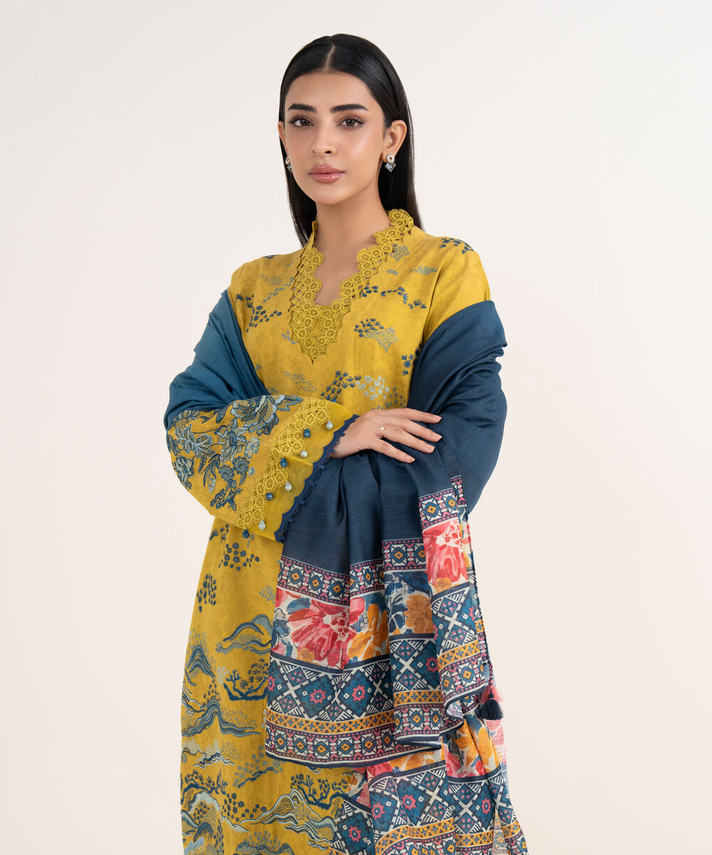 Women's Unstitched Cotton Jacquard Embroidered Yellow 3 Piece Suit