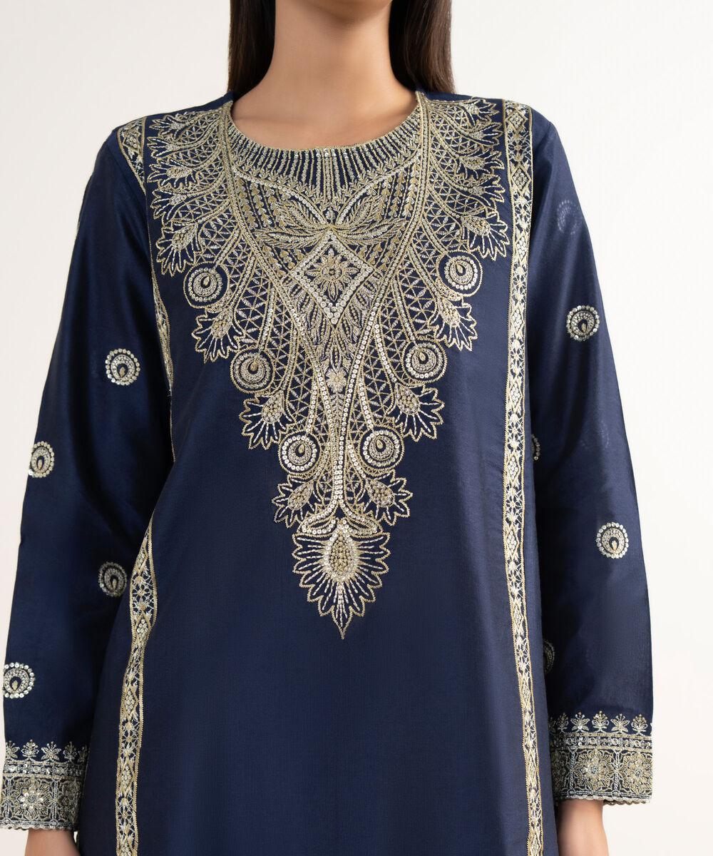 Women's RTW Silk Cotton Net Blue Embroidered 3 Piece Suit