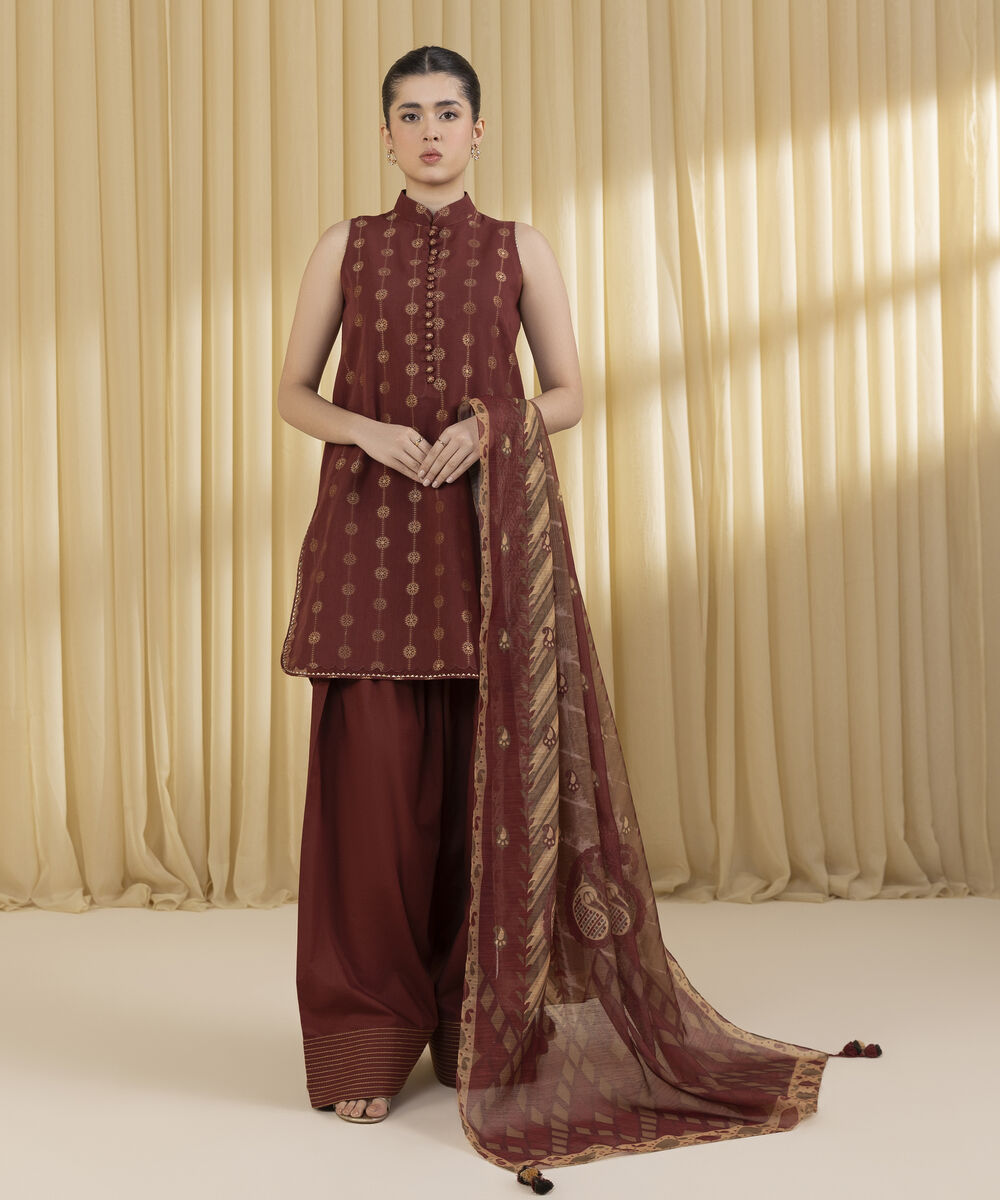 Unstitched Women's Red Extra Weft Jacquard 3 Piece Suit