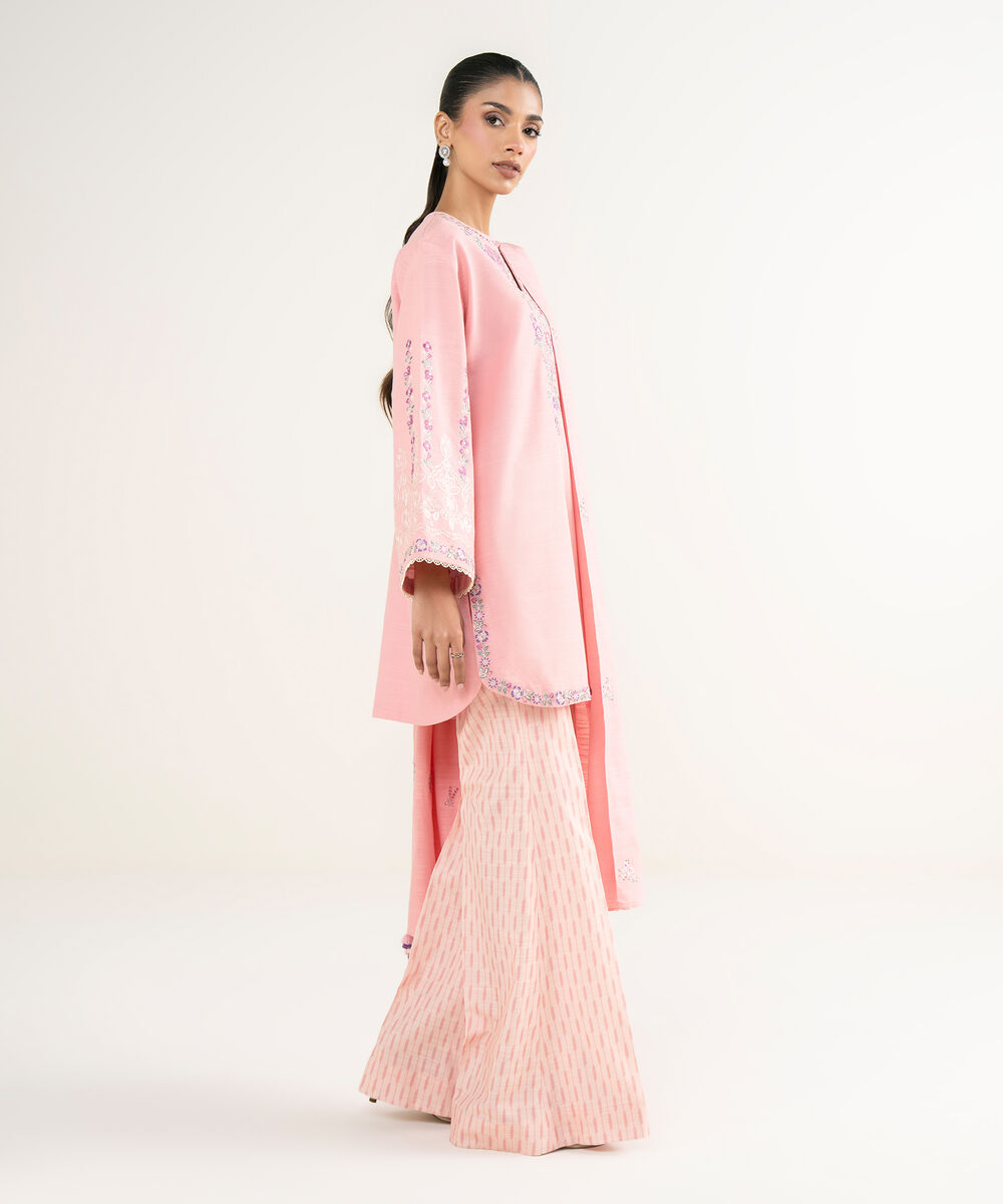 Women's Unstitched Cotton Embroidered Pink 3 Piece Suit