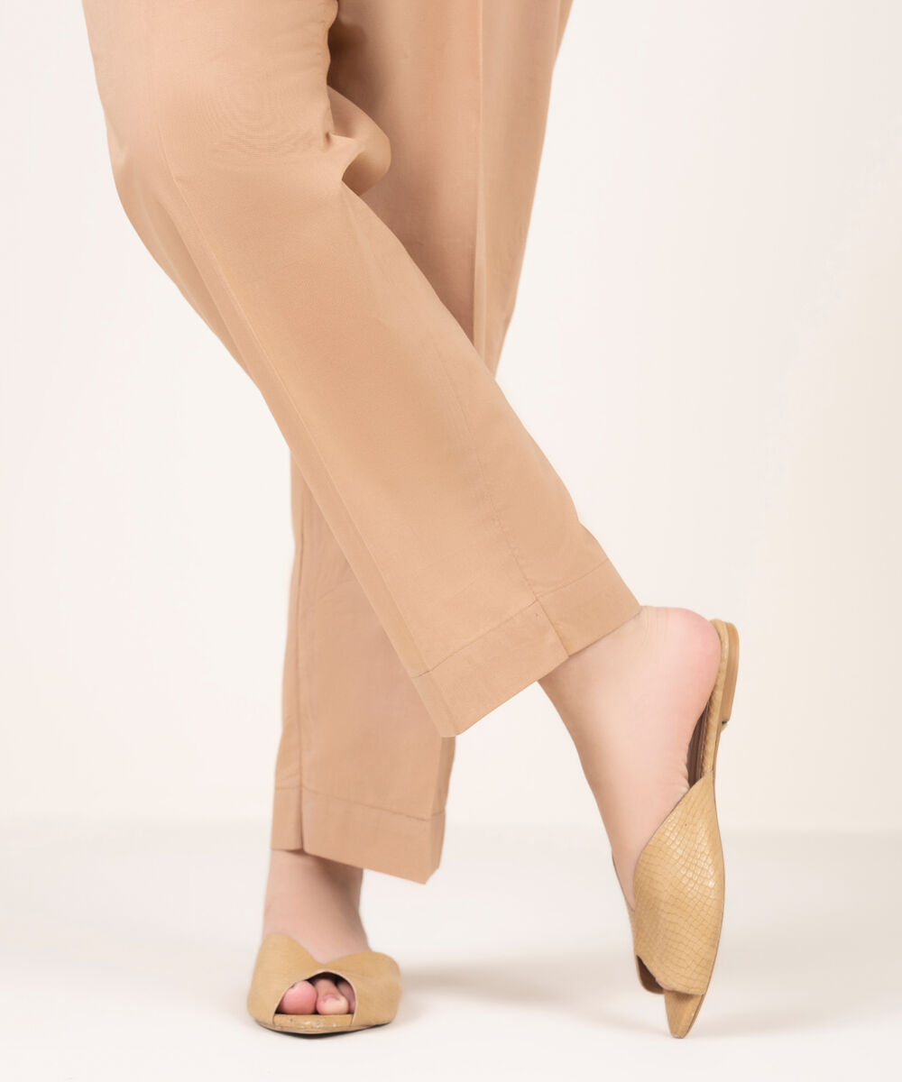 Women's RTW Cotton Solid Beige Straight Pants