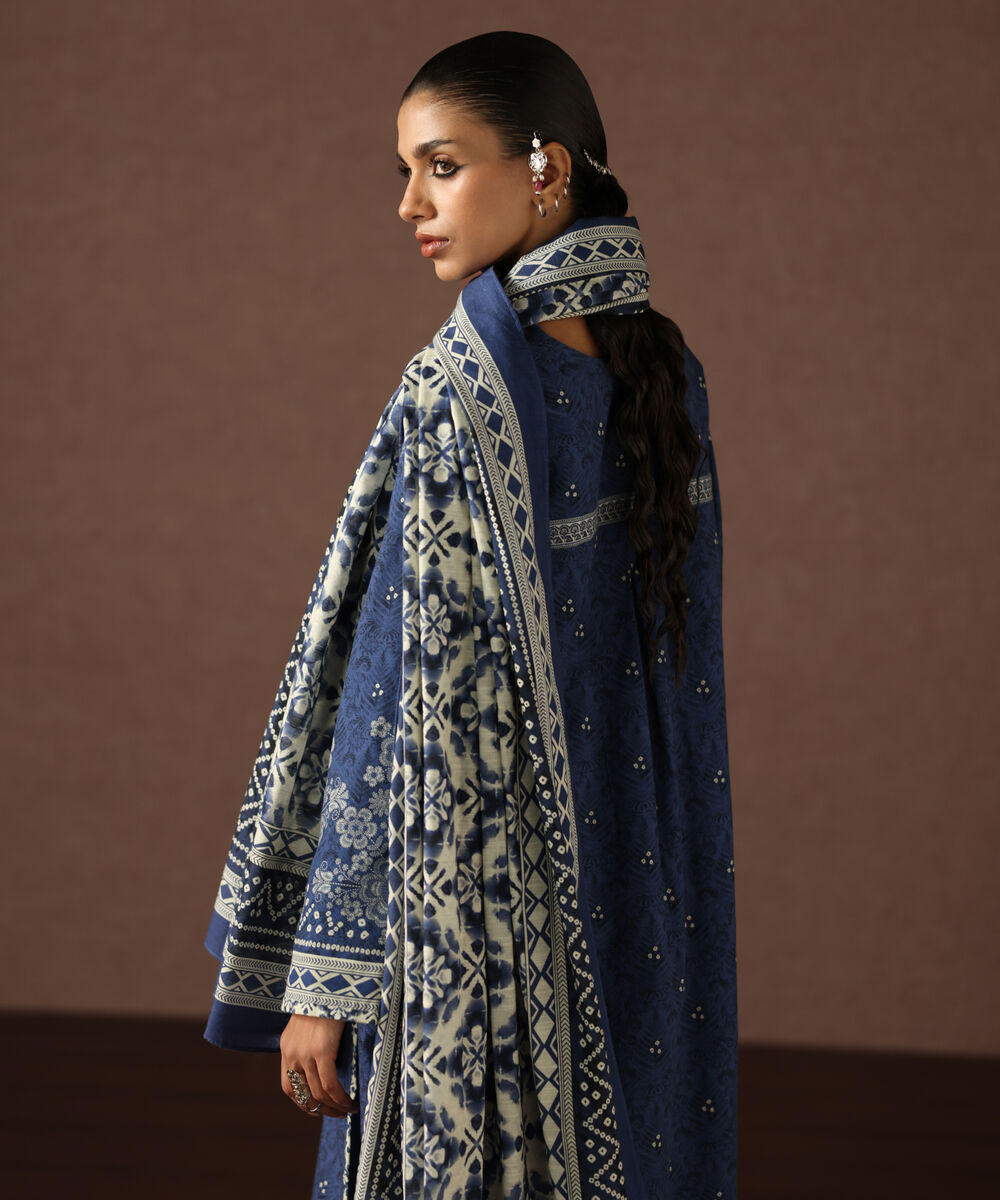 Women's Unstitched Light Khaddar Printed Blue 3 Piece Suit
