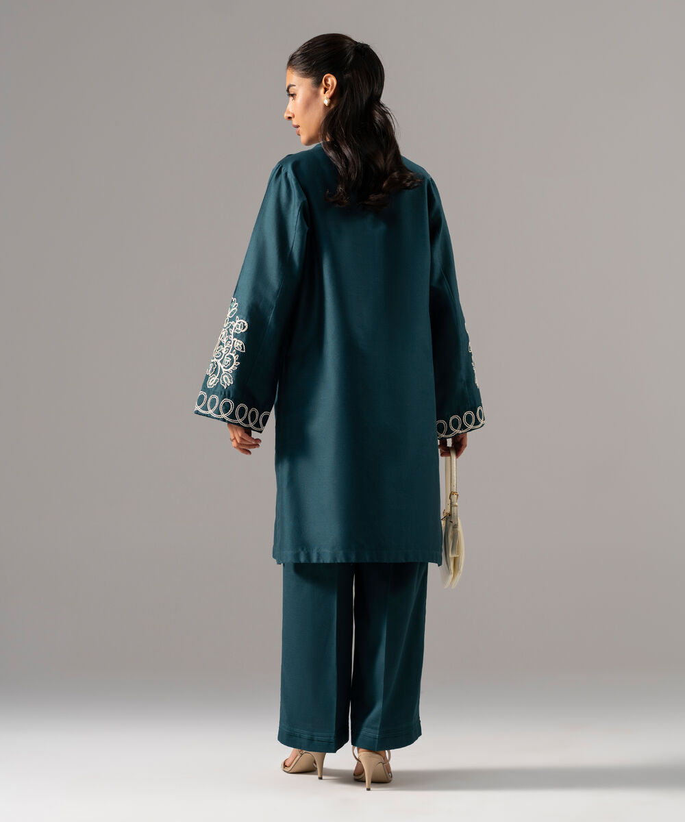 Women's RTW Cotton Linen Embroidered Green 2 Piece Suit