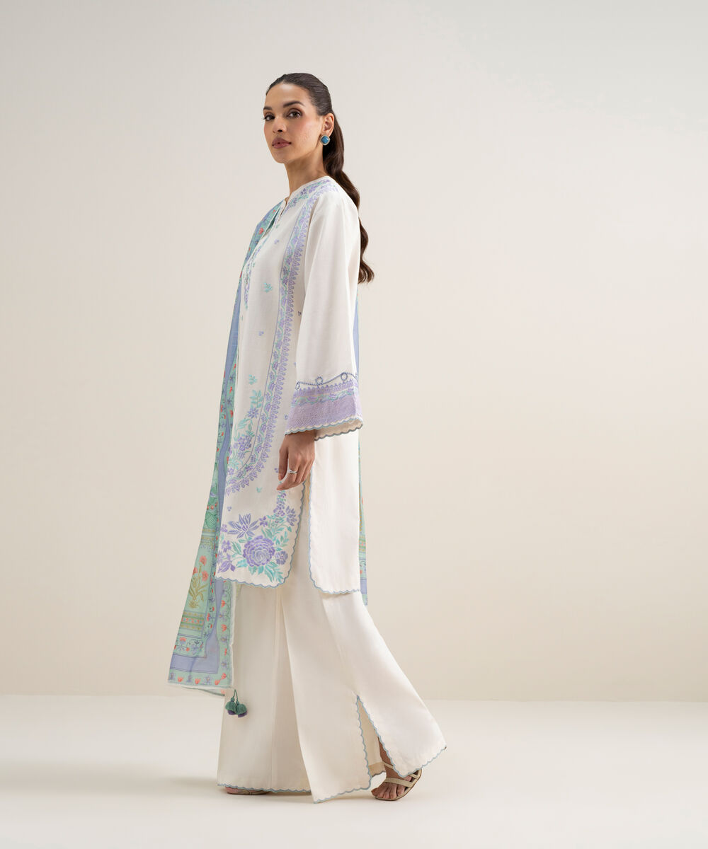 Women's Unstitched Dobby Embroidered Off White 3 Piece Suit