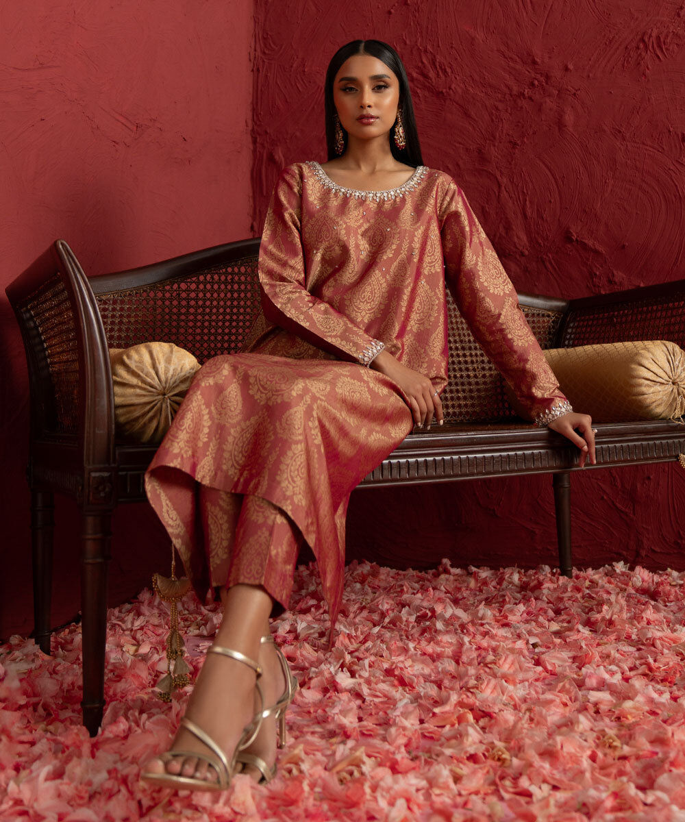 Women's Pret Blended Jacquard Dyed  Rust Brown A-Line Shirt