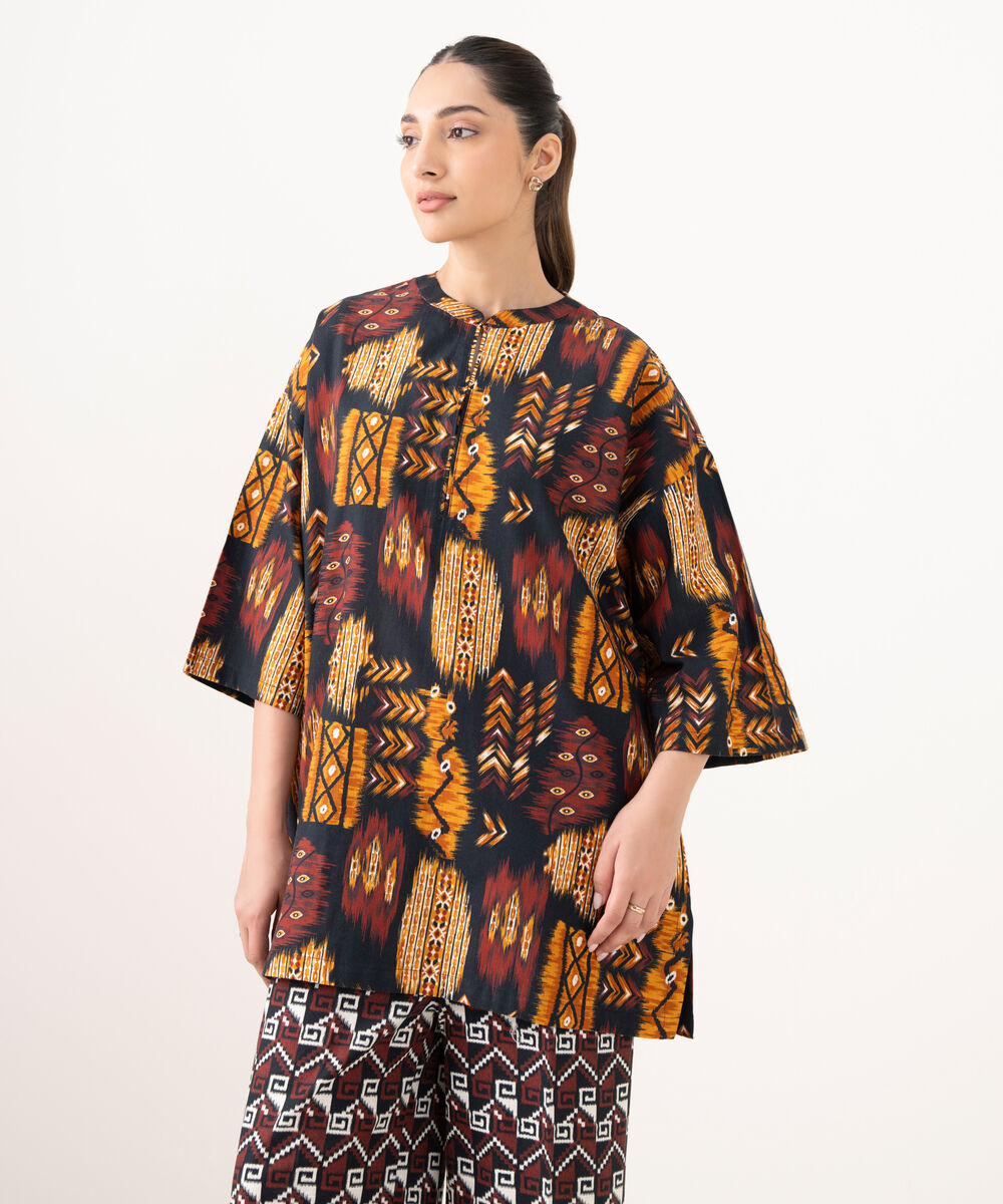 Women's RTW Light Khaddar Printed Black Boxy Shirt