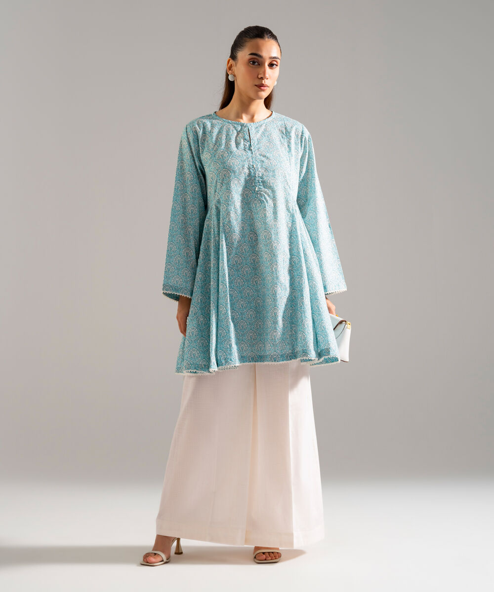 Women's RTW Slub Lawn Printed Blue A-Line Shirt