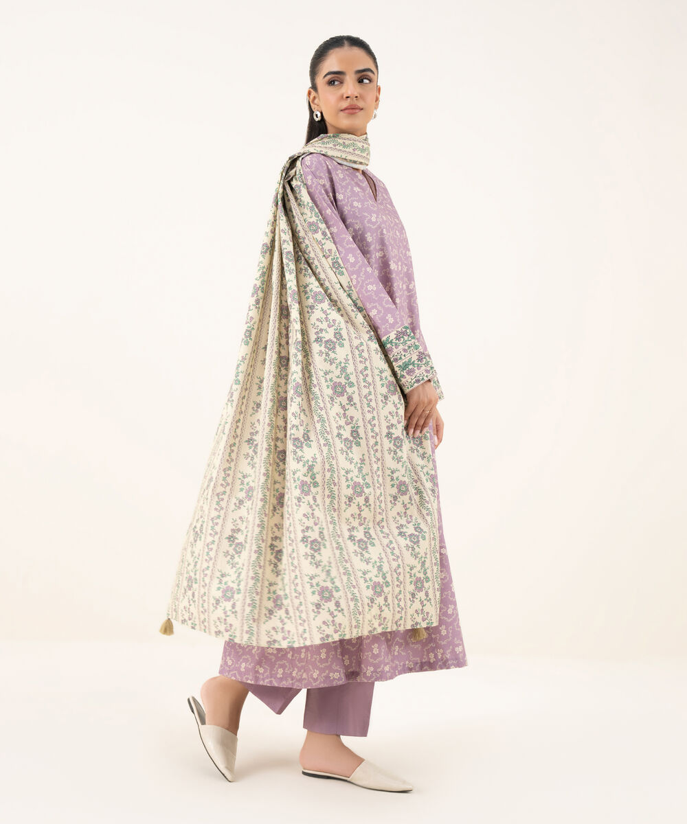 Women's Unstitched Cotton Printed Purple Three Piece Suit