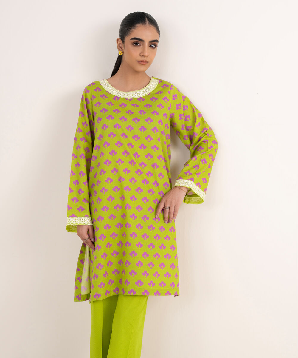 Women's RTW Textured Lawn Green Embroidered Straight Shirt