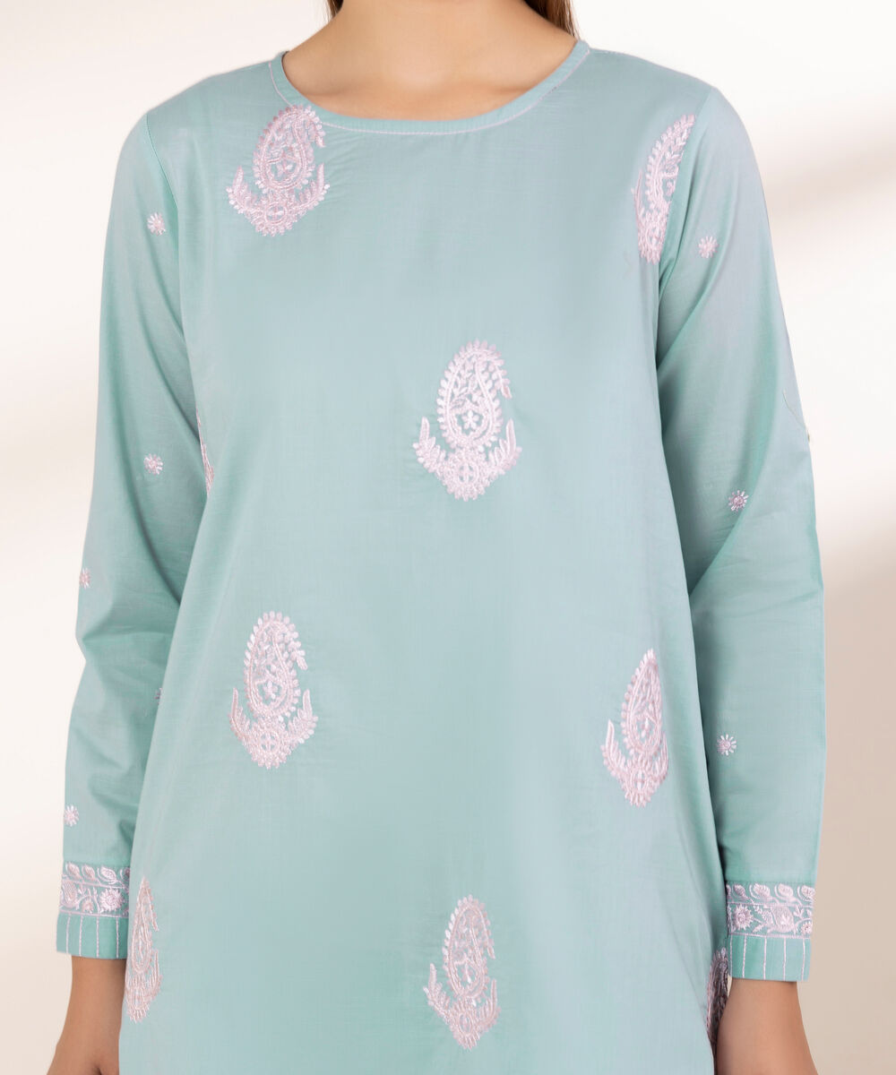 Women's RTW Textured Lawn Blue Embroidered A-Line Shirt