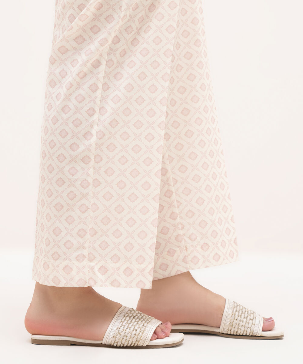 Women's RTW Cambric Off White Printed Straight Pants