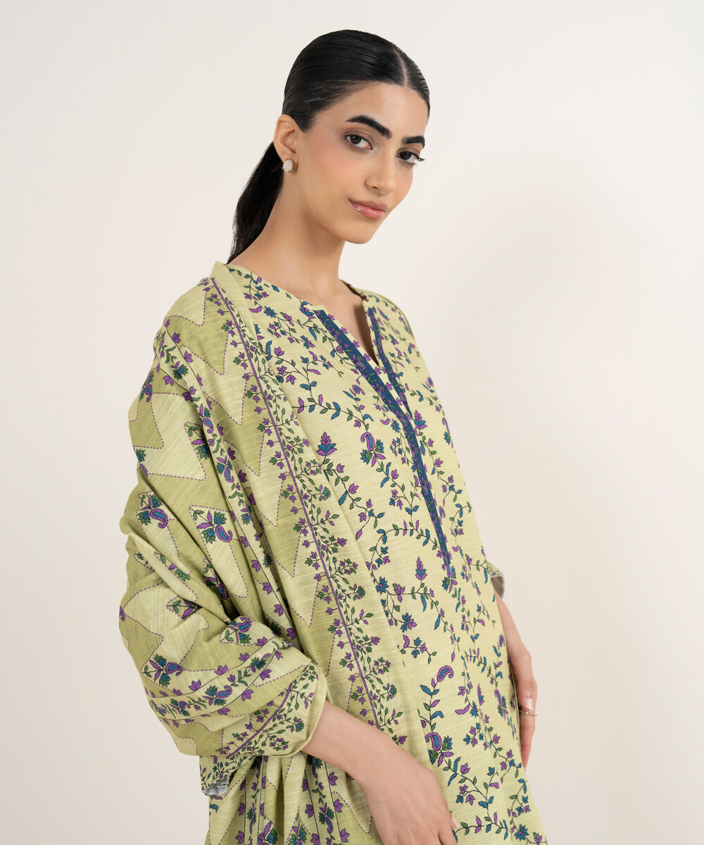 Women's Unstitched Printed Khaddar Beige 3 Piece Suit
