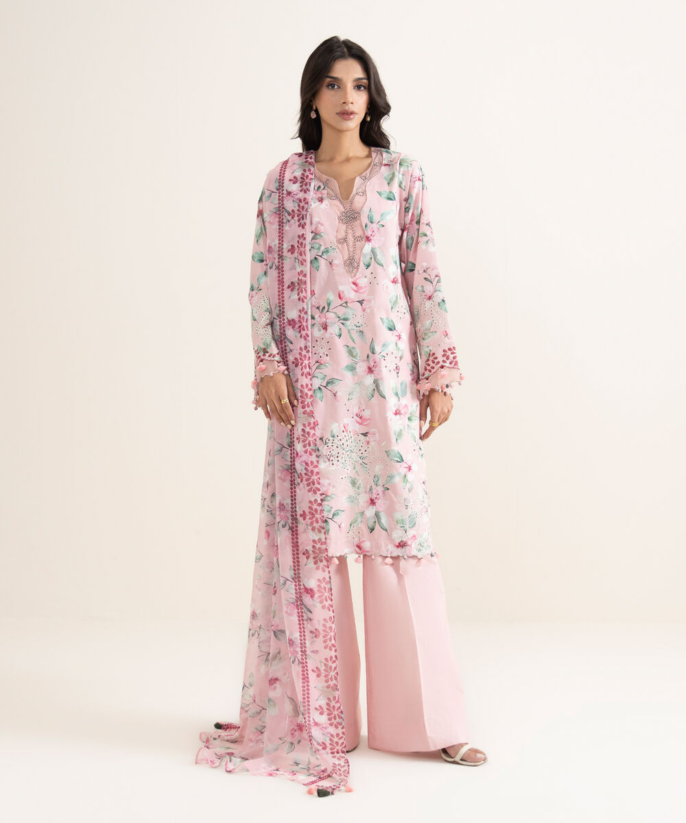 Women's Unstitched Lawn Embroidered Pink 3 Piece Suit
