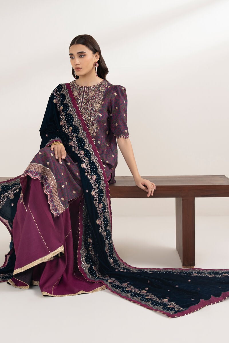 3 Piece - Embroidered Viscose Raw Silk Suit