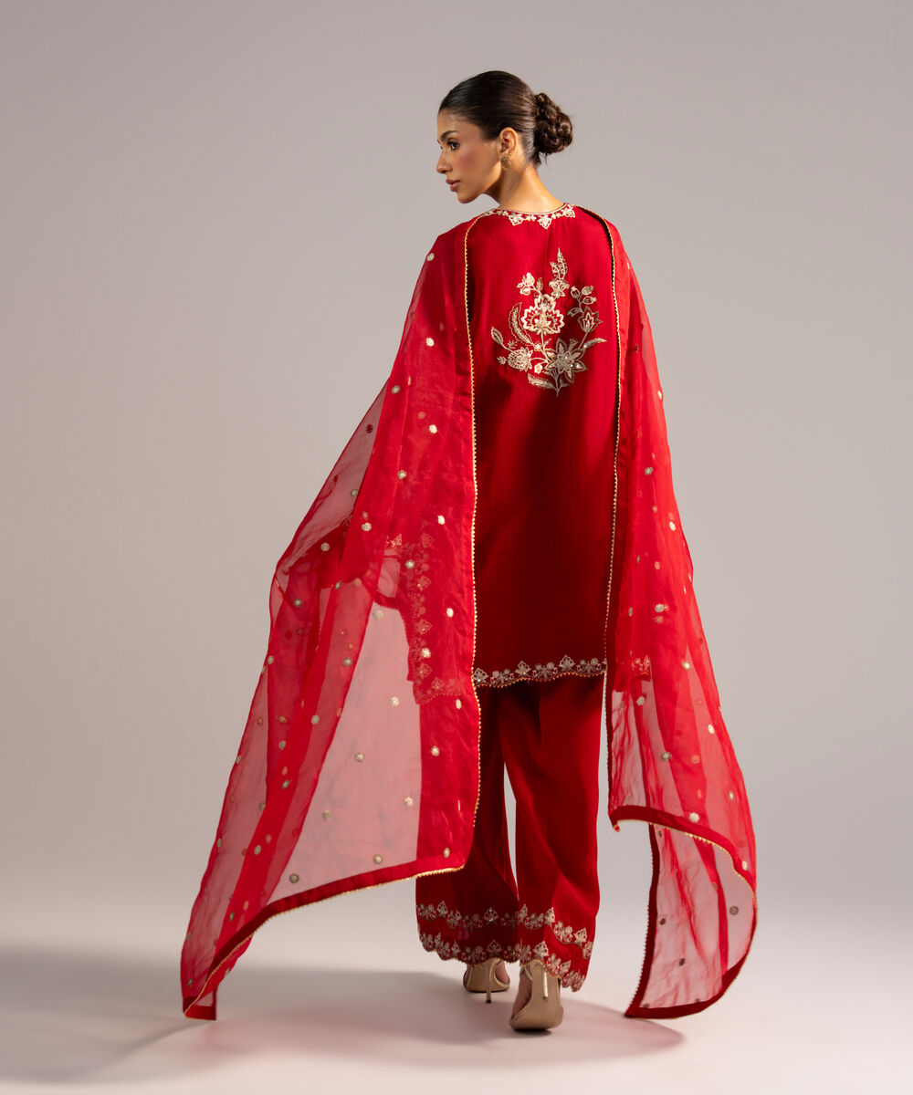 Women's RTW Khaddi Net Embroidered Red 3 Piece Suit