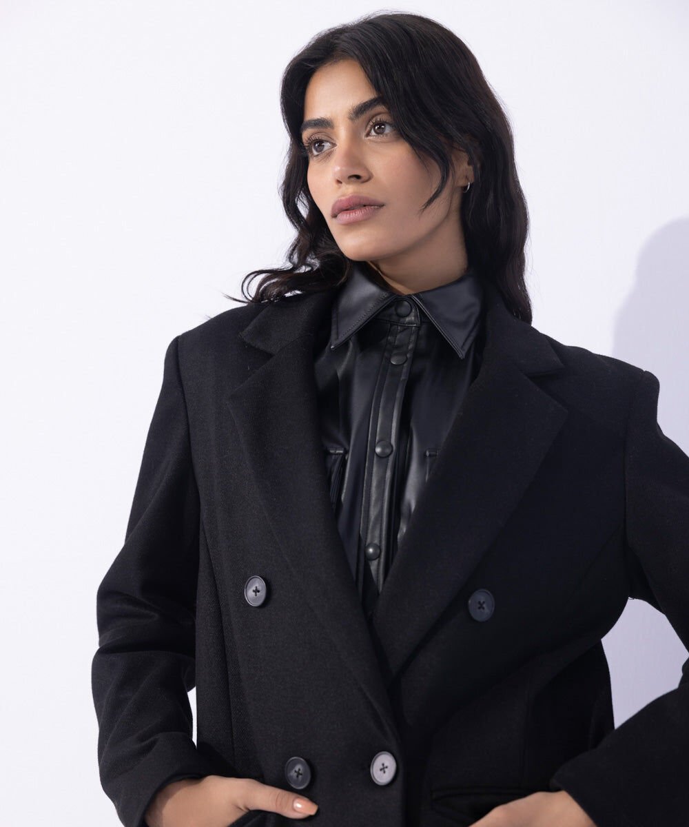 Double Breasted Long Coat Woman - Black Double Breasted Long Coat