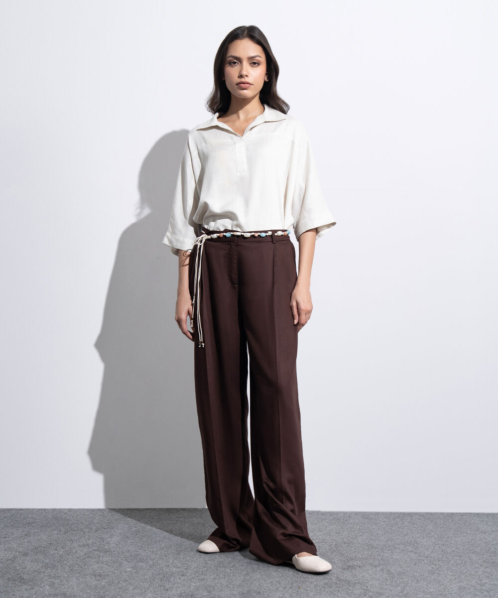 Women's Western Brown Straight Fit Pleated Trouser