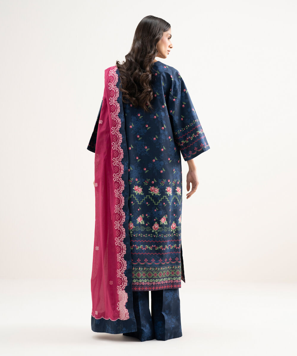 Women's Unstitched Lawn Embroidered Blue 3 Piece Suit