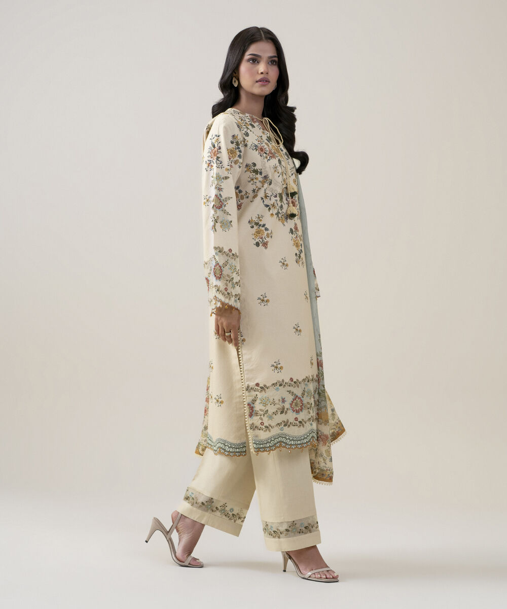 Women's Unstitched Bemberg Tissue Printed Light Beige 3 Piece Suit