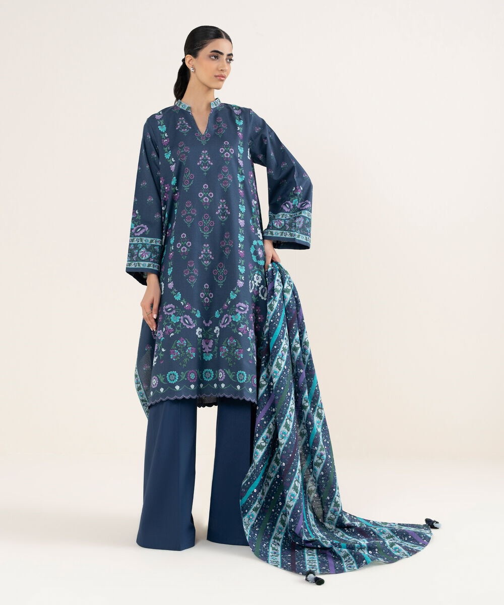 Women's Unstitched Printed Dobby Blue 3 Piece Suit