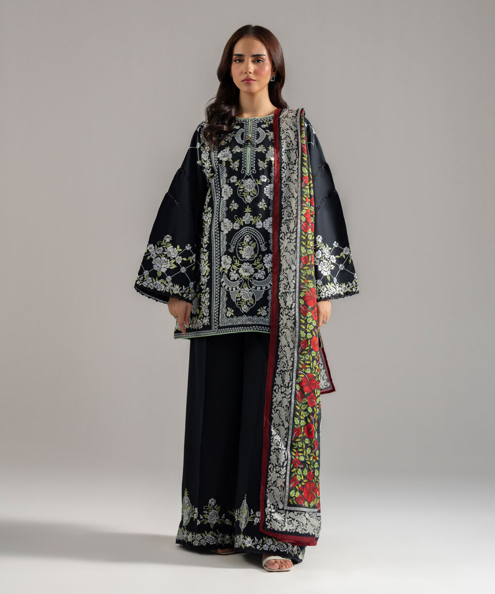 Women's RTW Cambric Solid Embroidered Black 3 Piece Suit
