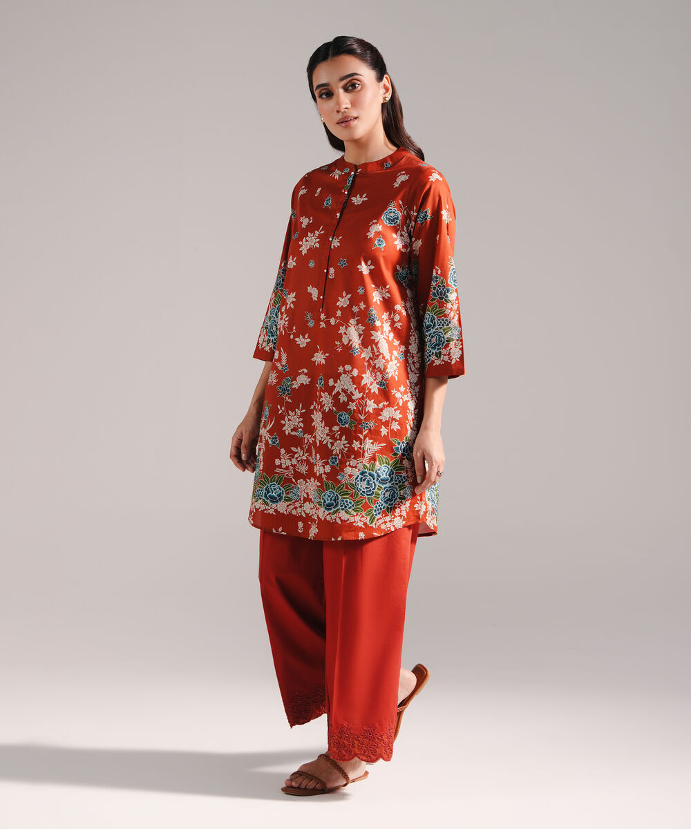 Women's RTW Lawn Printed Rust 2 Piece Suit