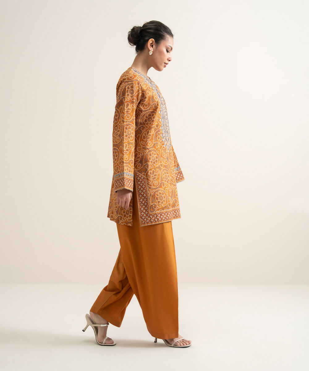 Women's Unstitched Lawn Embroidered Orange 2 Piece Suit