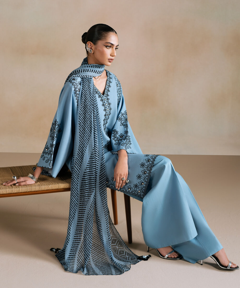 Women's Unstitched Dobby Embroidered Blue 3 Piece Suit