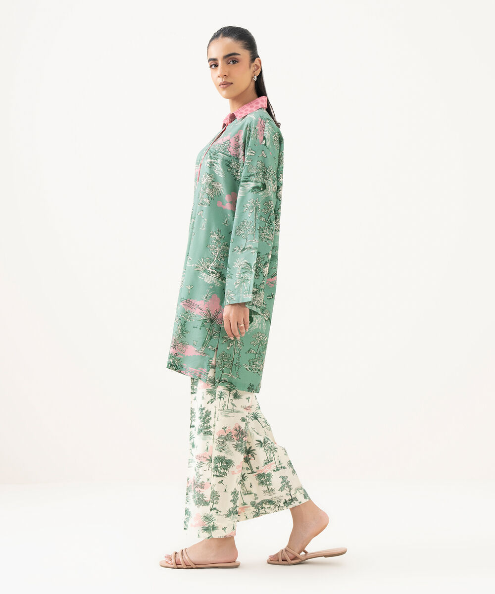 Women's RTW Lawn Printed Green Drop Shoulder Shirt