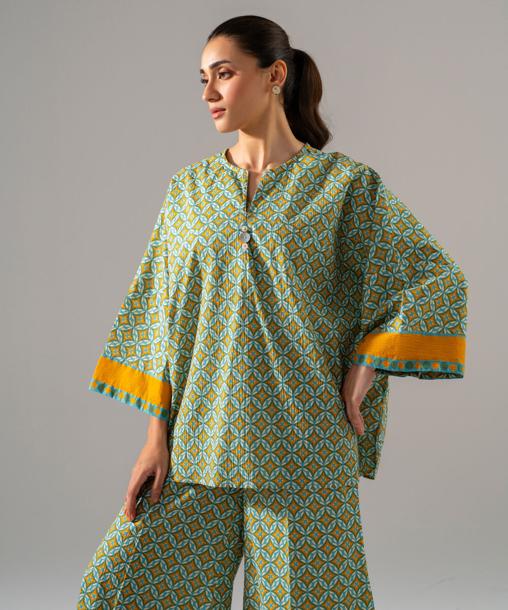 Women's RTW Seersucker Printed Mustard Yellow 2 Piece Suit