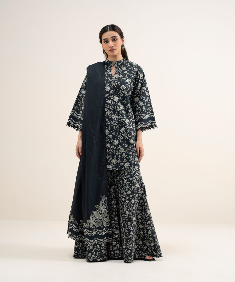 Women's Unstitched Lawn Embroidered Black and Off White 3 Piece Suit
