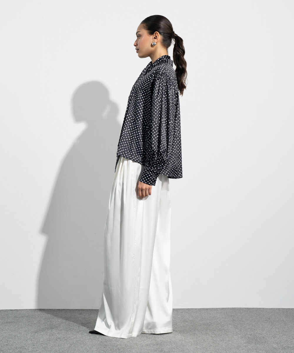 Women's Western Black And White Polka Dot Satin Blouse